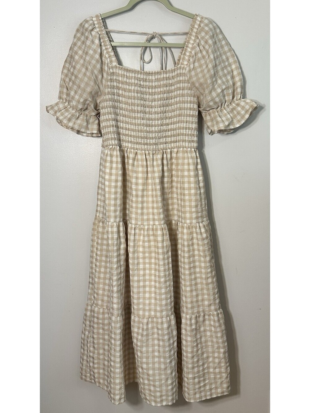 Cream Colored Gingham Print Smocked Ruffled Boho Midi Dress Granola Girl Med GUC